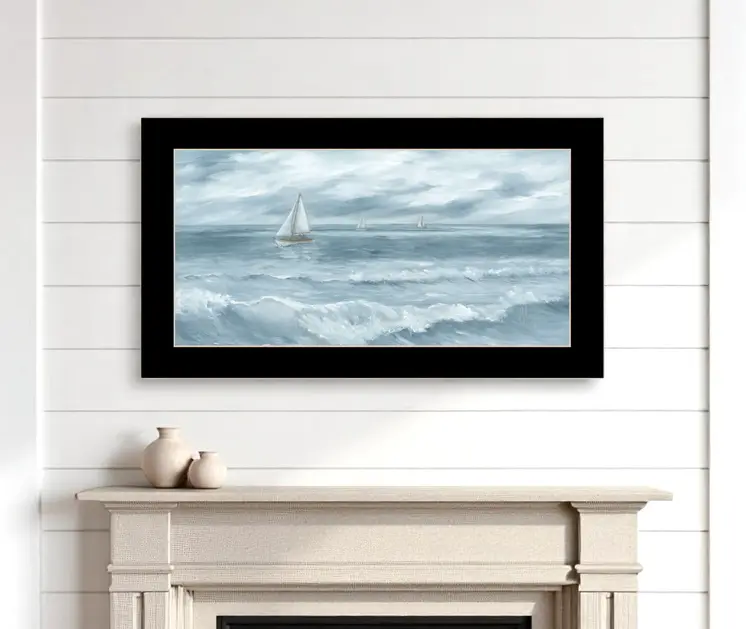 Three Sailboats Ocean Scene Black Framed Wall Art