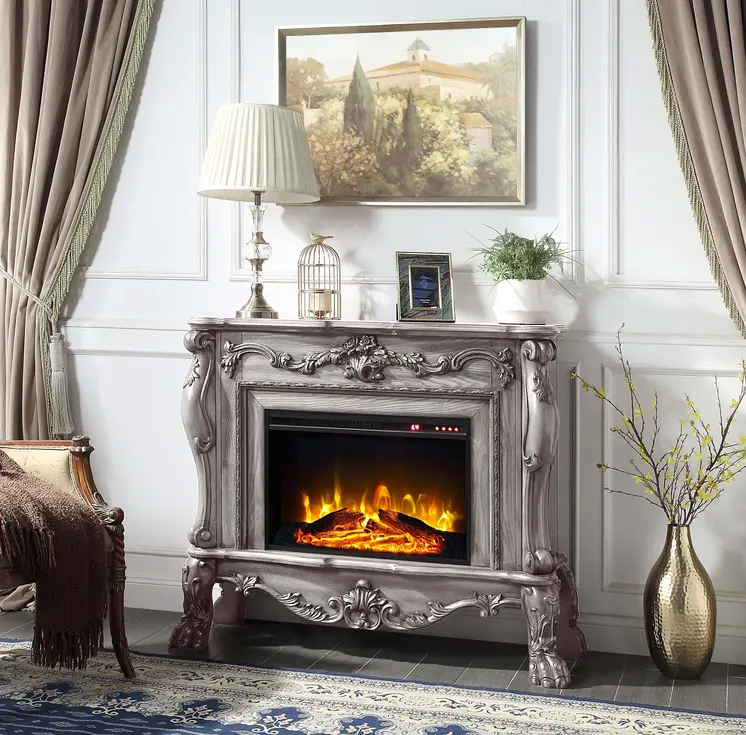 47" Bone Wood Ornate Carved Scrollwork Electric Free Standing Fireplace With Mantle