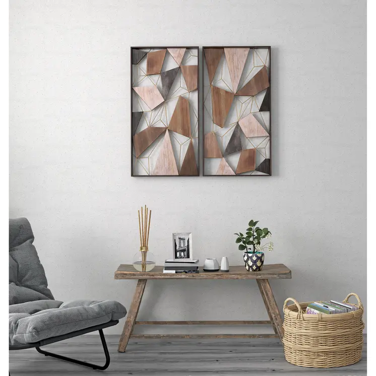 Set of Two Brown and Gold Geometric Wood and Metal Hanging Dimensional Sculptures