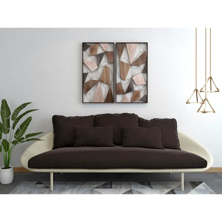 Set of Two Brown and Gold Geometric Wood and Metal Hanging Dimensional Sculptures