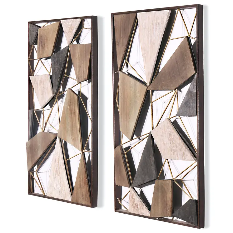Set of Two Brown and Gold Geometric Wood and Metal Hanging Dimensional Sculptures