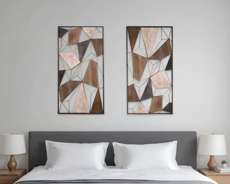 Set of Two Brown and Gold Geometric Wood and Metal Hanging Dimensional Sculptures