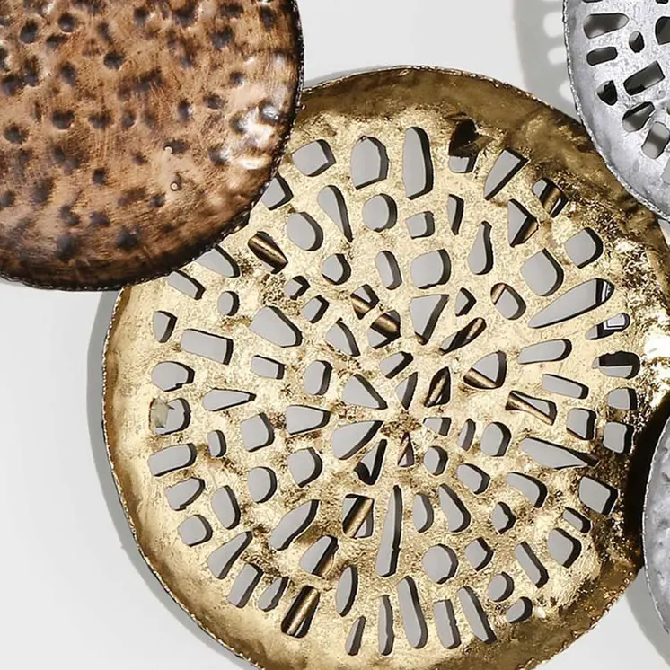 33" X 60" Bronze Gold and Silver Metal Round Disc Hanging Dimensional Sculpture