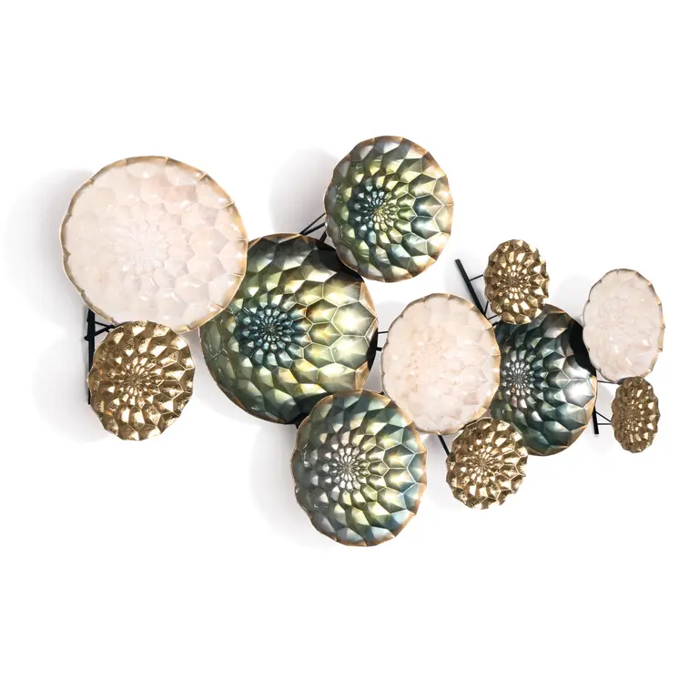 33" X 60" Bronze Gold and Silver Metal Round Disc Hanging Dimensional Sculpture