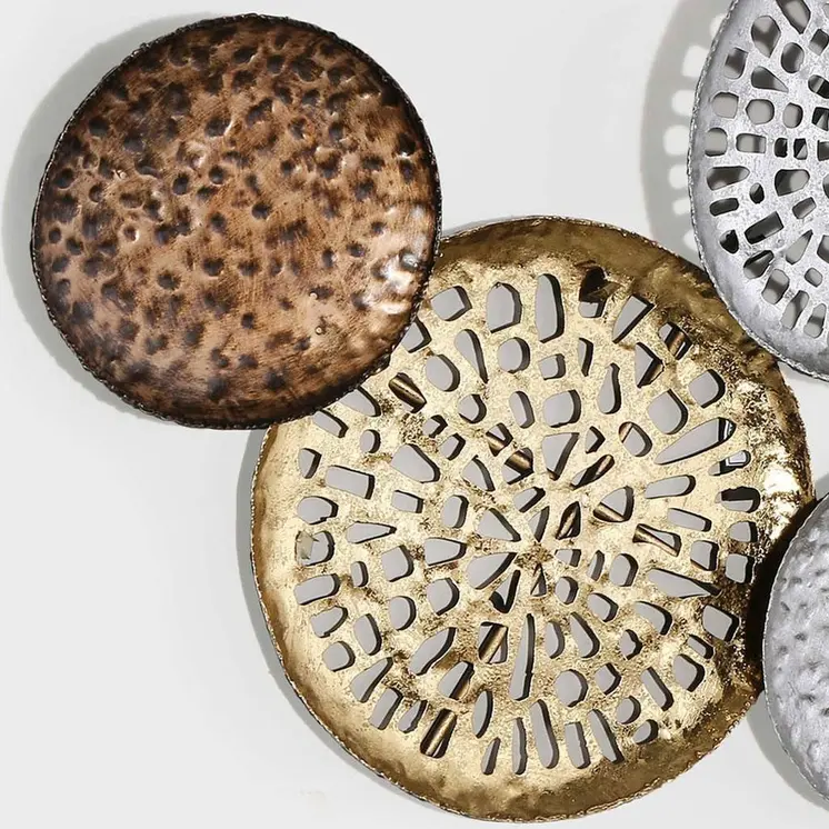 33" X 60" Bronze Gold and Silver Metal Round Disc Hanging Dimensional Sculpture