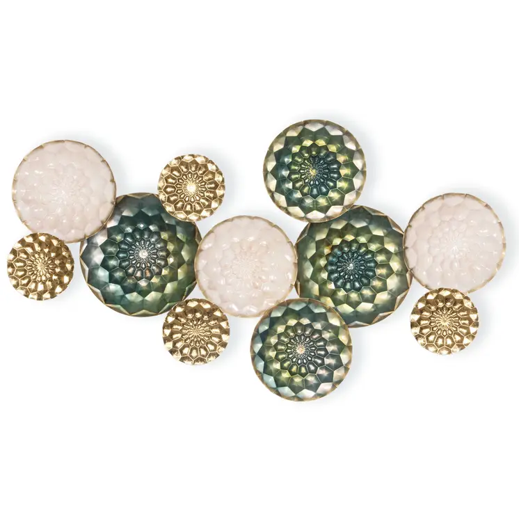 33" X 60" Bronze Gold and Silver Metal Round Disc Hanging Dimensional Sculpture