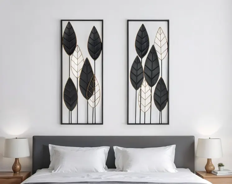 Set of Two Black and Gold Metal Hanging Dimensional Sculpture