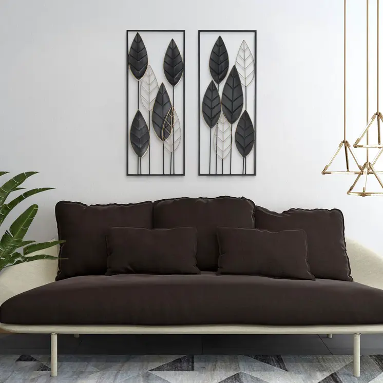Set of Two Black and Gold Metal Hanging Dimensional Sculpture