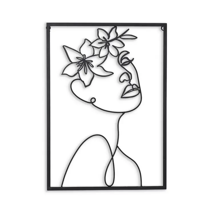 20" X 14" Black Metal Abstract Female Face Hanging Dimensional Sculpture