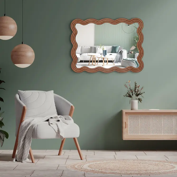 32" Brown Wood Wavy Scalloped Accent Mirror