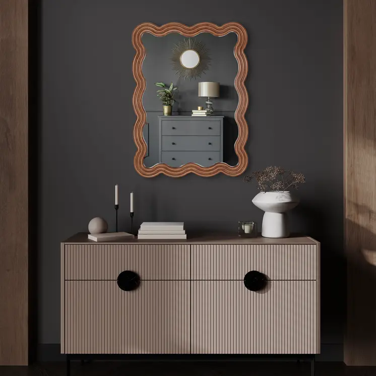 32" Brown Wood Wavy Scalloped Accent Mirror