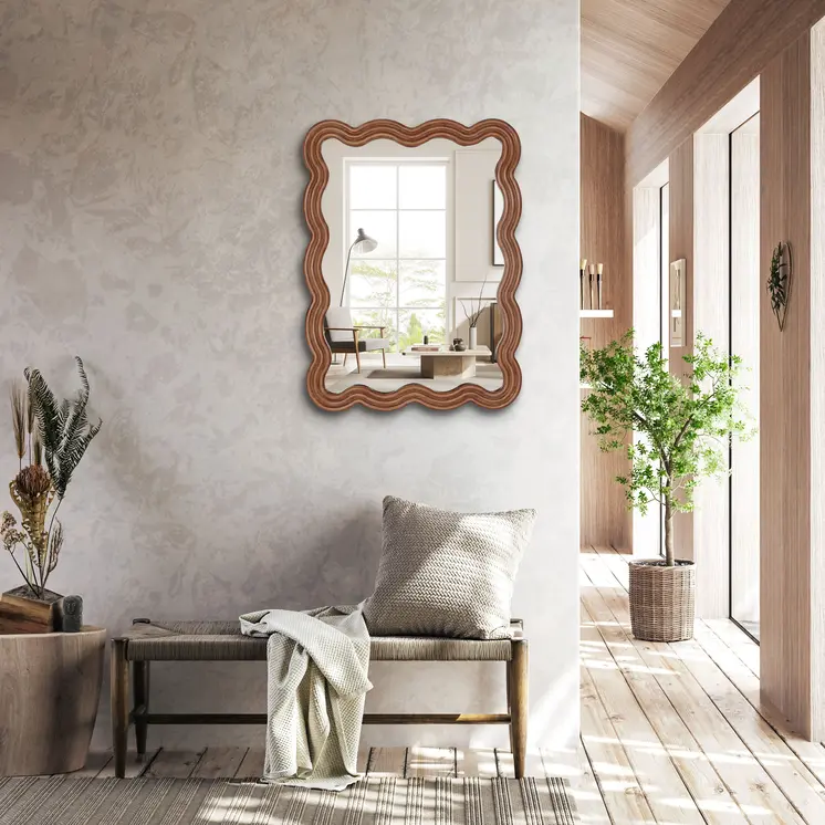 32" Brown Wood Wavy Scalloped Accent Mirror