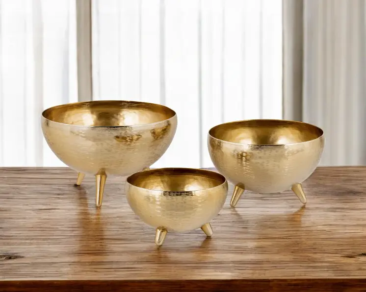Set of Three Gold Metal Decorative Footed Bowls