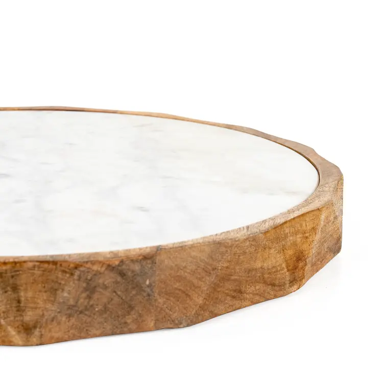 15" Brown And White Marble And Solid Wood Round Cheese Board