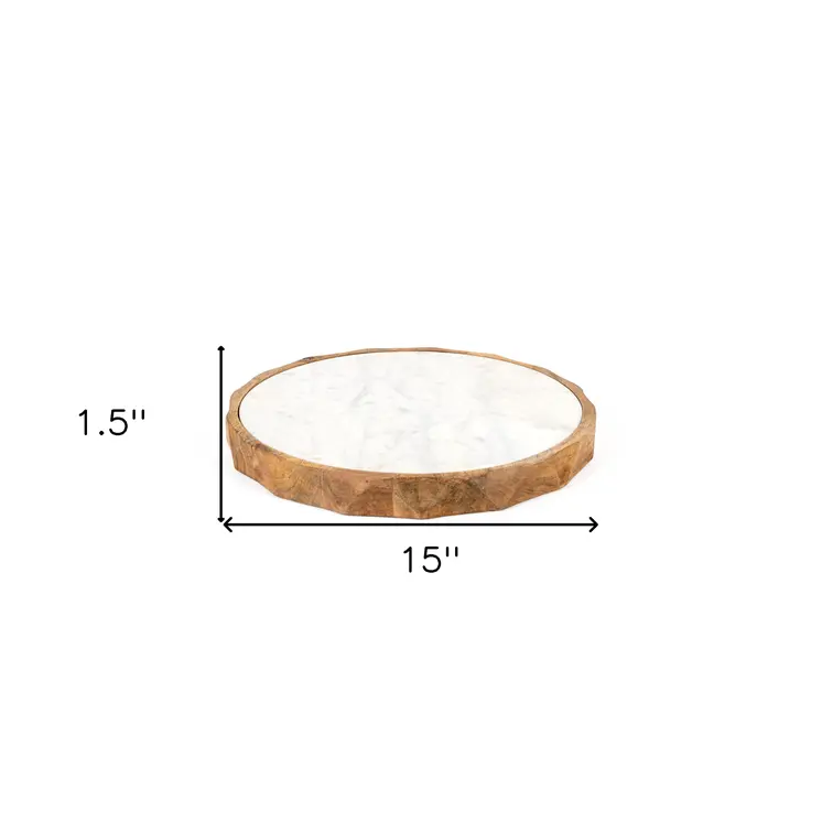 15" Brown And White Marble And Solid Wood Round Cheese Board