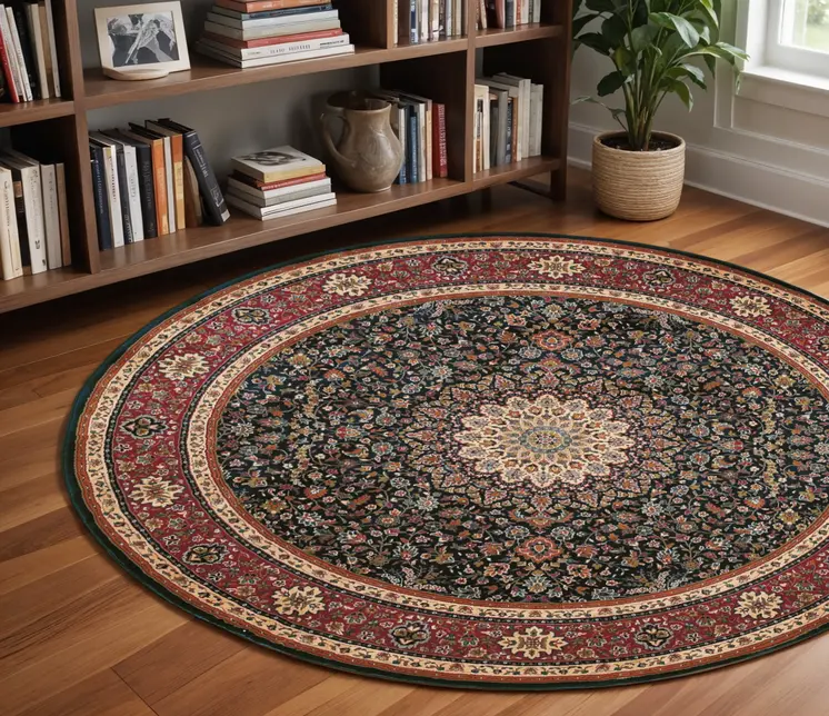 8' Blue And Red Oriental Round Rug