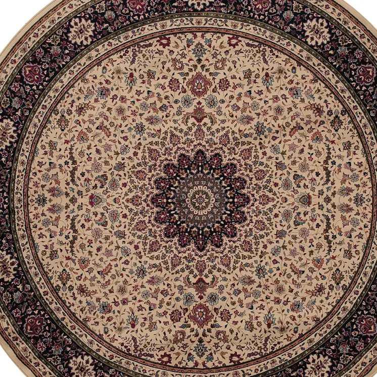 6' Ivory Black and Red Oriental Round Rug
