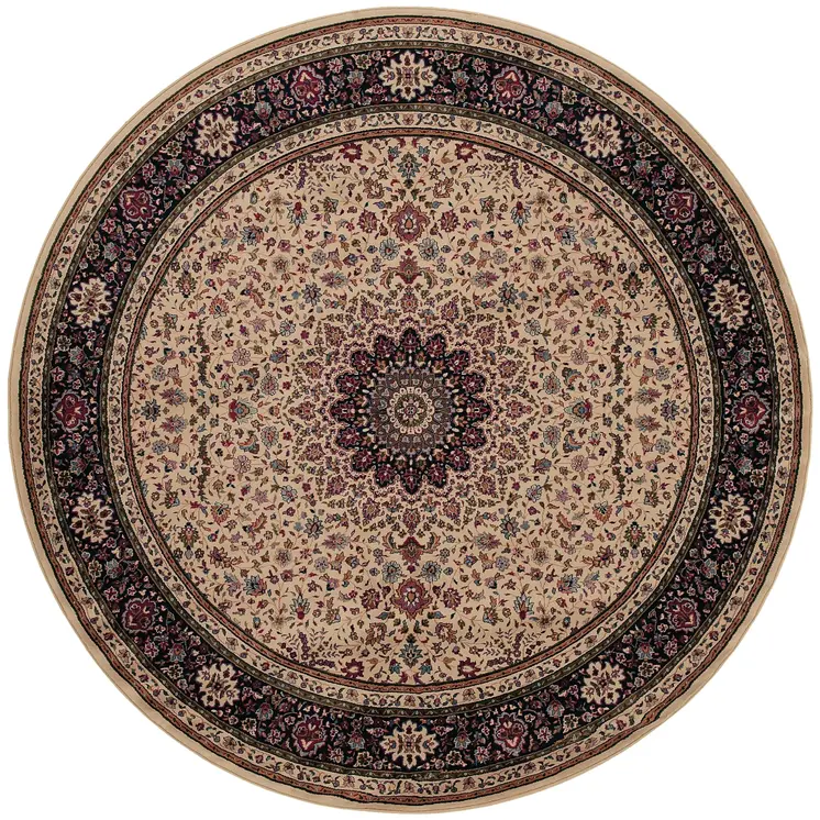 8' Ivory And Black Oriental Round Rug