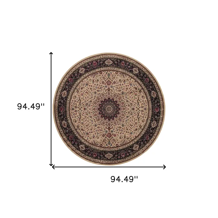8' Ivory And Black Oriental Round Rug