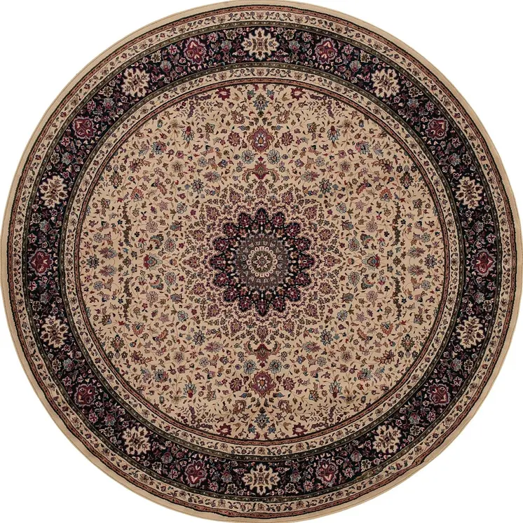 8' Ivory And Black Oriental Round Rug