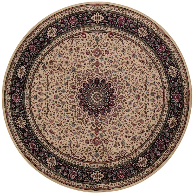 8' Ivory And Black Oriental Round Rug