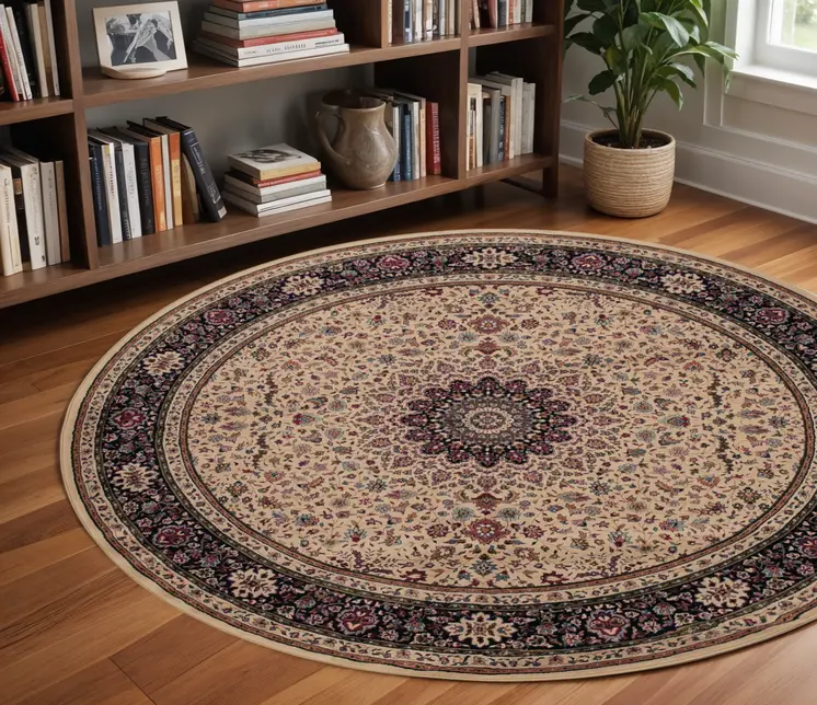 8' Ivory And Black Oriental Round Rug