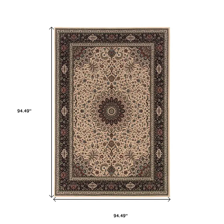8' Ivory And Black Oriental Square Rug
