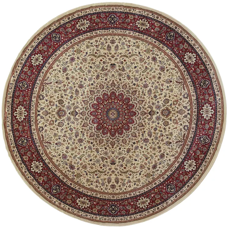 6' Ivory And Red Oriental Round Rug