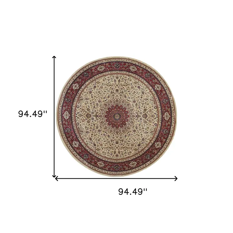 8' Ivory And Red Oriental Round Rug
