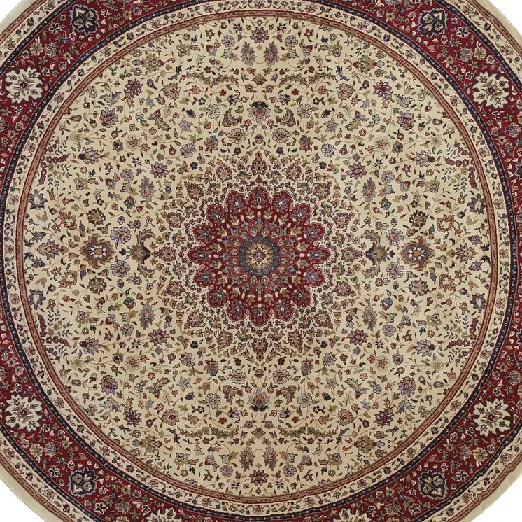 8' Ivory And Red Oriental Round Rug
