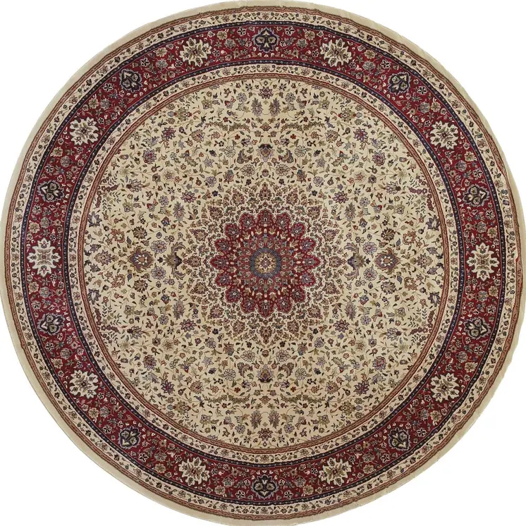 8' Ivory And Red Oriental Round Rug