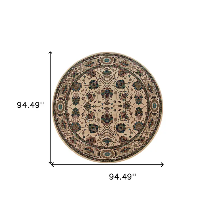 8' Ivory And Red Oriental Round Rug