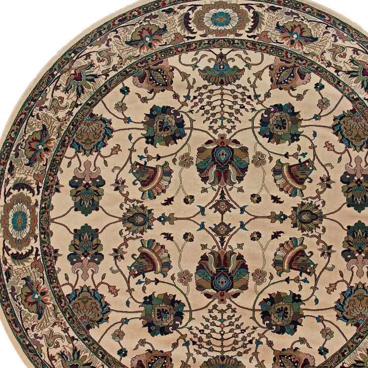8' Ivory And Red Oriental Round Rug