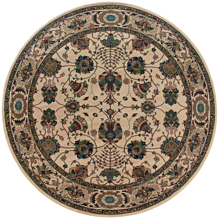 8' Ivory And Red Oriental Round Rug