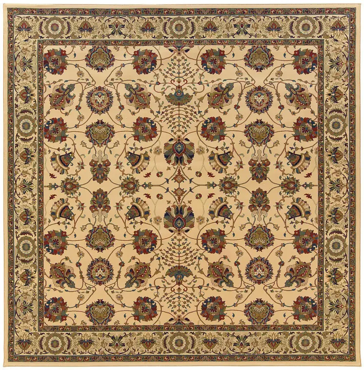 8' Ivory And Red Oriental Square Rug