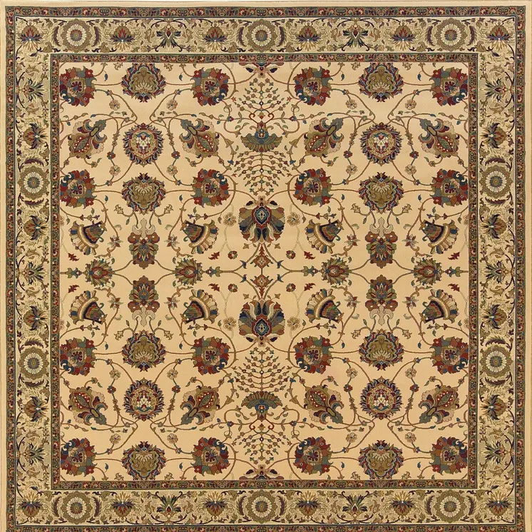 8' Ivory And Red Oriental Square Rug