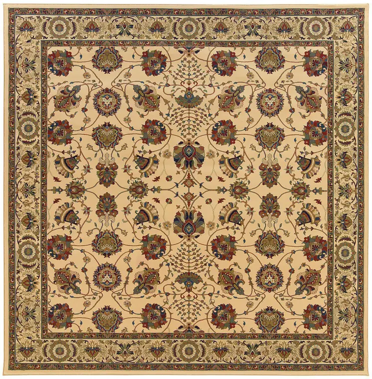 8' Ivory And Red Oriental Square Rug