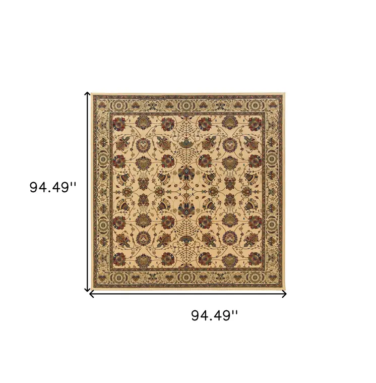 8' Ivory And Red Oriental Square Rug