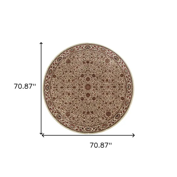 6' Ivory And Green Oriental Round Rug