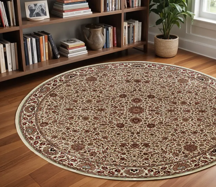 8' Ivory And Green Oriental Round Rug