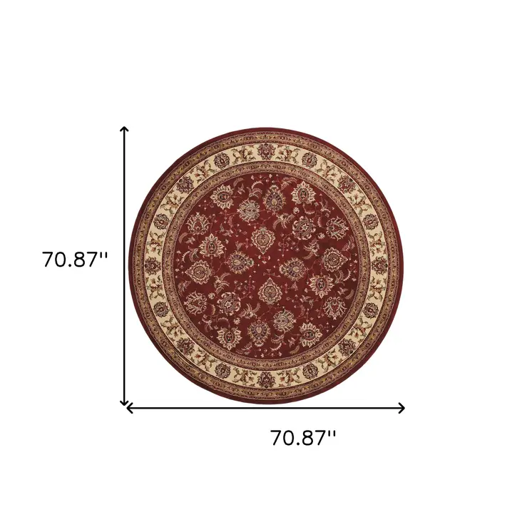 6' Red And Ivory Oriental Round Rug