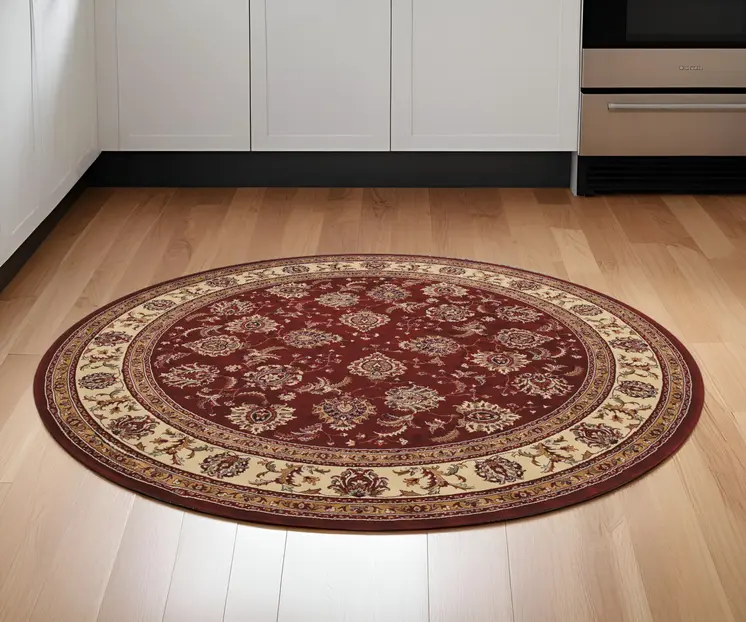 6' Red And Ivory Oriental Round Rug