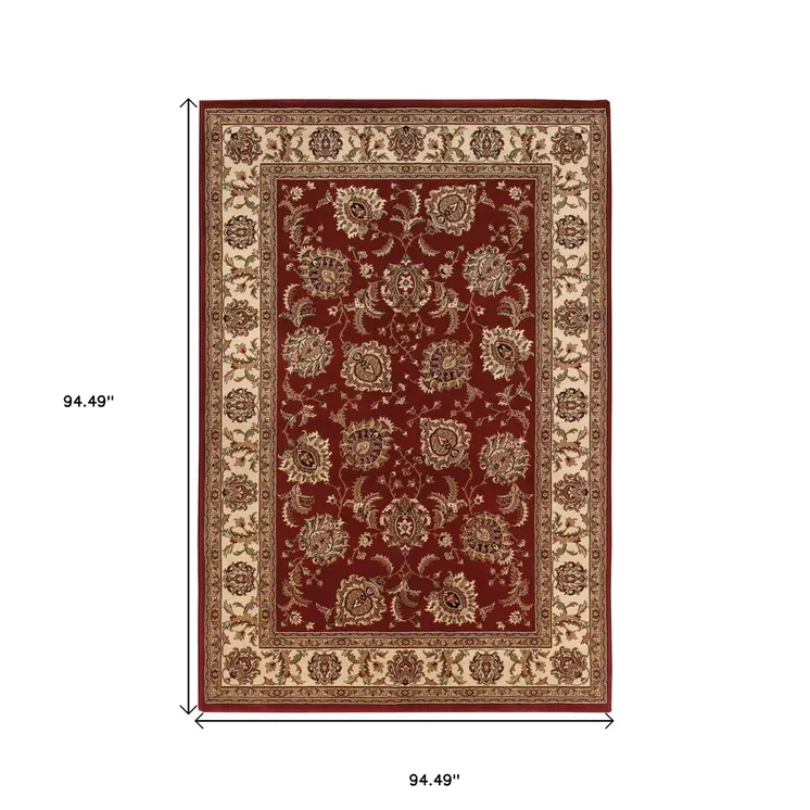 8' Red And Ivory Oriental Square Rug