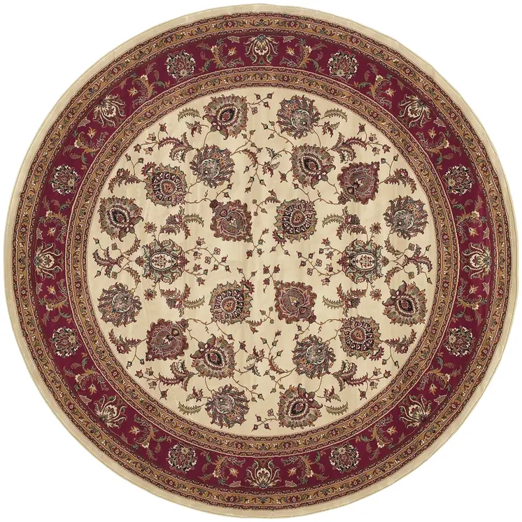 6' Ivory And Red Oriental Round Rug