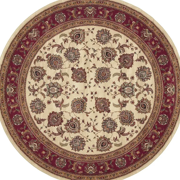 6' Ivory And Red Oriental Round Rug