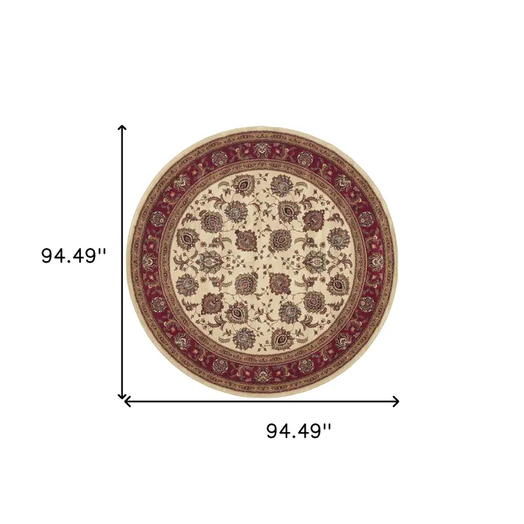8' Ivory And Red Oriental Round Rug