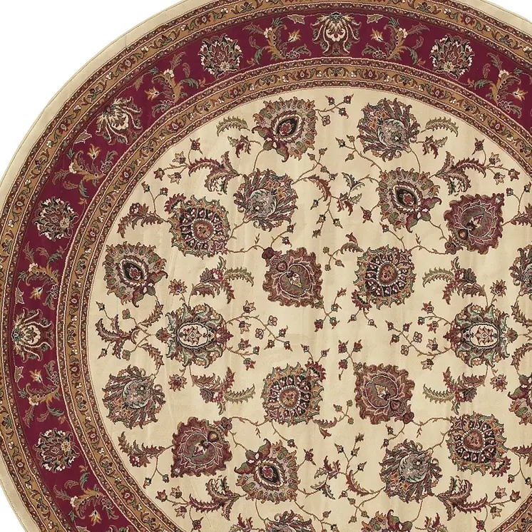 8' Ivory And Red Oriental Round Rug