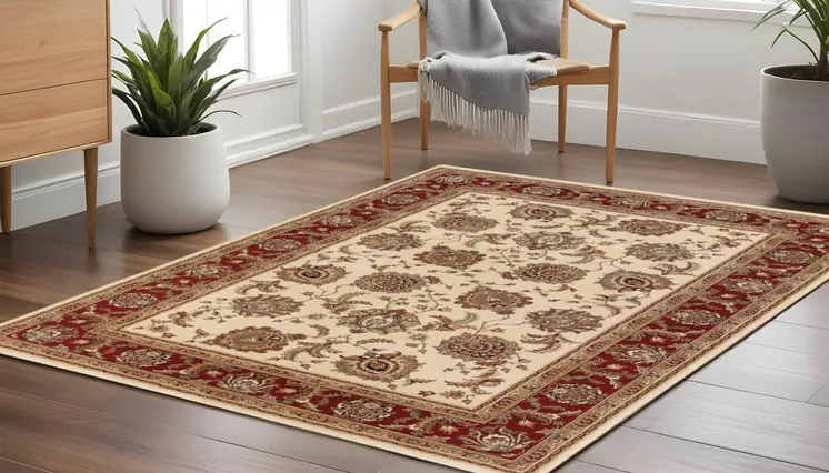 8' Ivory And Red Oriental Square Rug