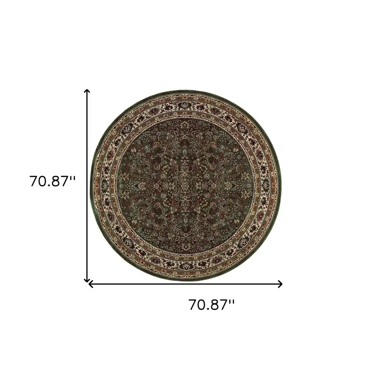 6' Green And Ivory Oriental Round Rug
