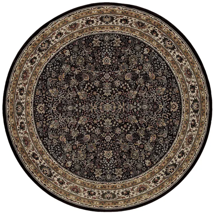6' Black And Ivory Oriental Round Rug
